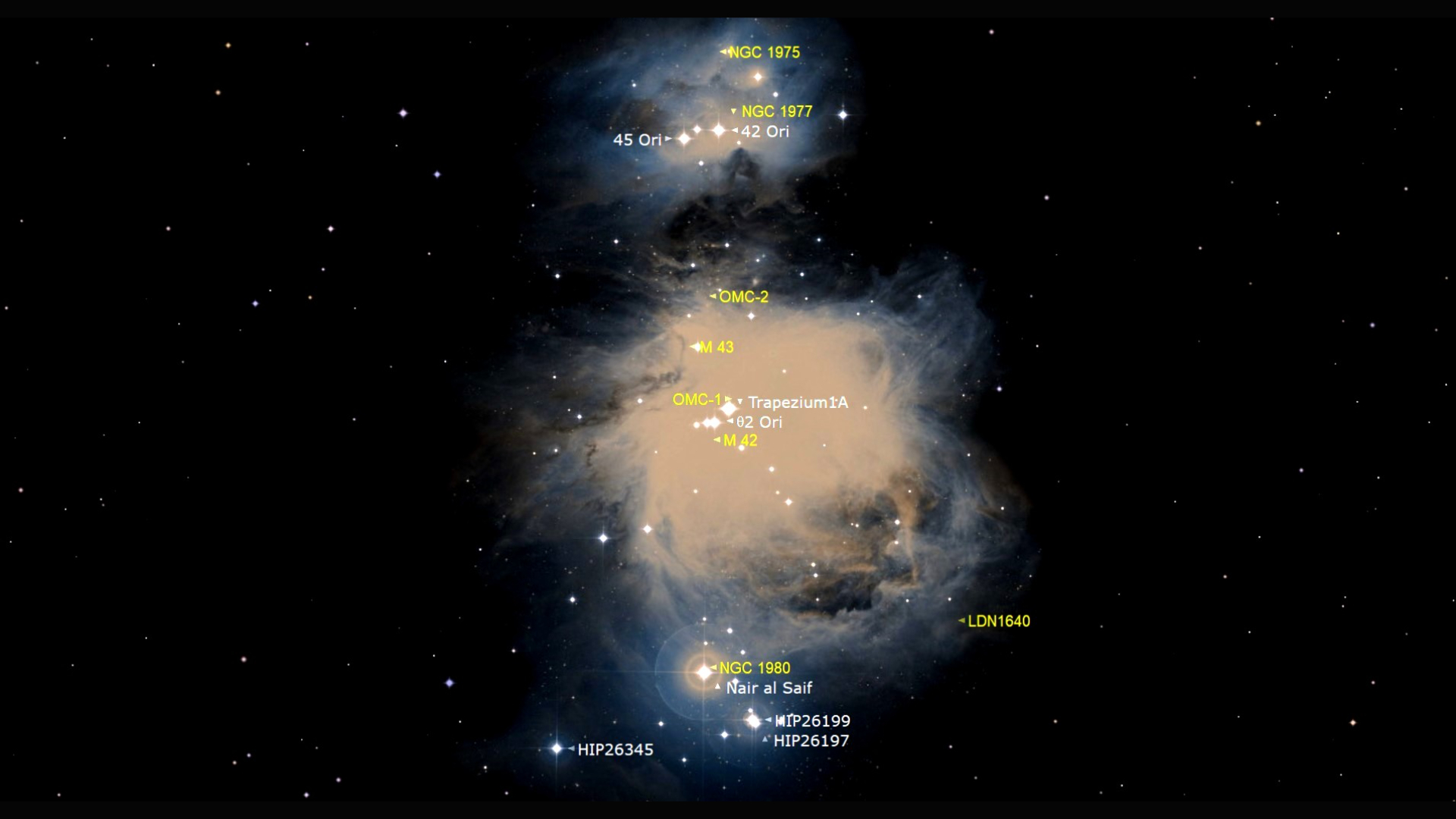 A glowing stream of light from the Orion Nebula is seen contrasted against the dark starry space background. Various labeled dots of stars are seen dispersed in yellow and white text throughout the nebula