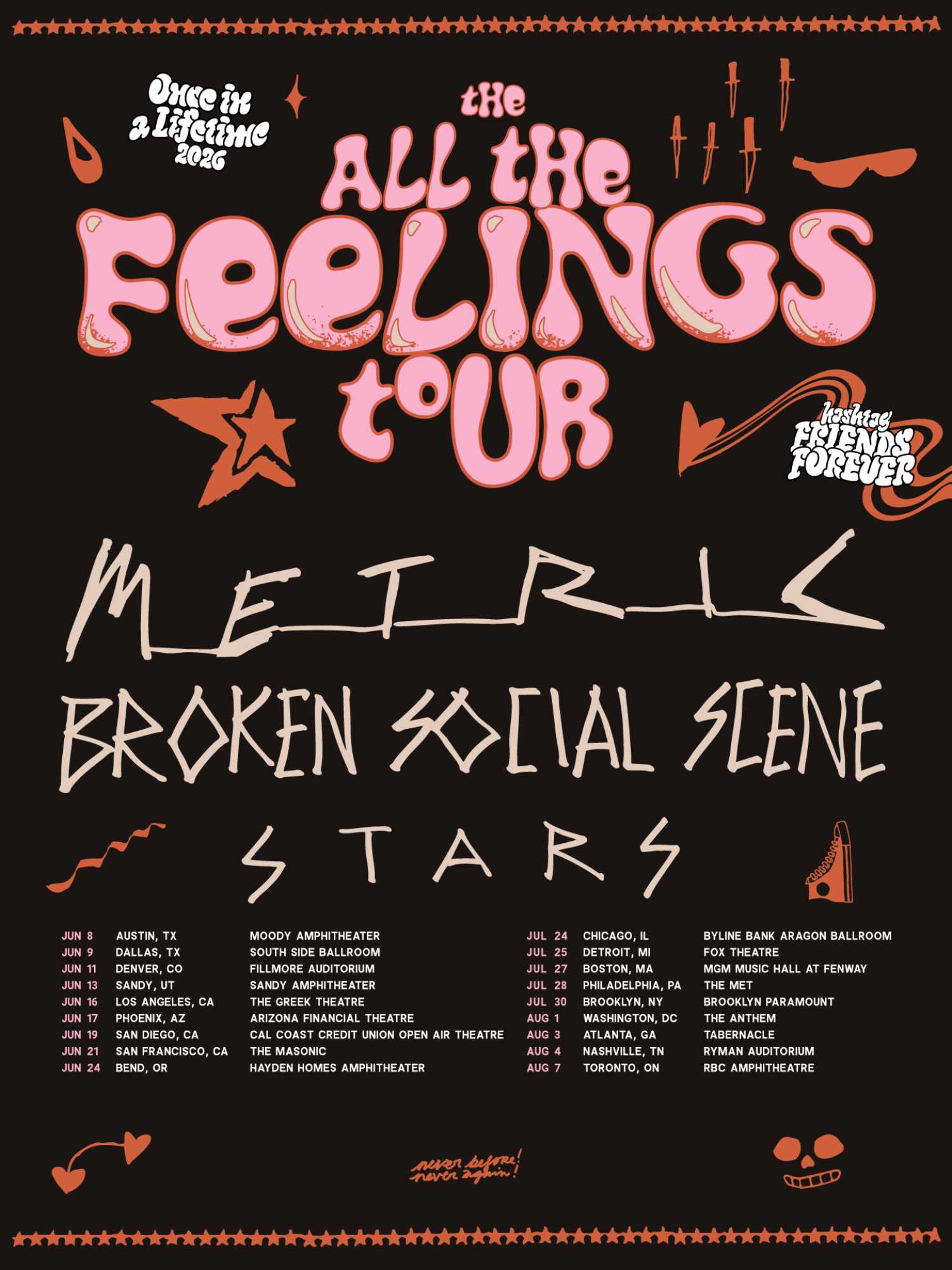 Metric, Broken Social Scene and Stars have announced the 2026 'All The Feelings Tour'. Credit: Press