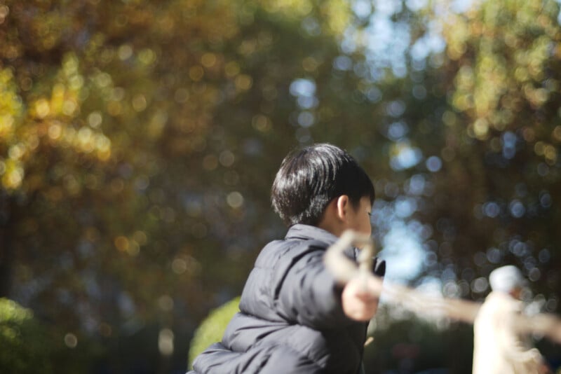 A child in a black jacket is holding a stick outdoors, with blurred autumn trees and sunlight in the background. The child is facing away from the camera.