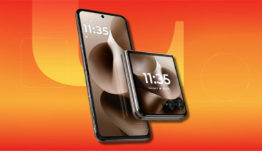 Motorola Razr flip phone against orange CNET background.