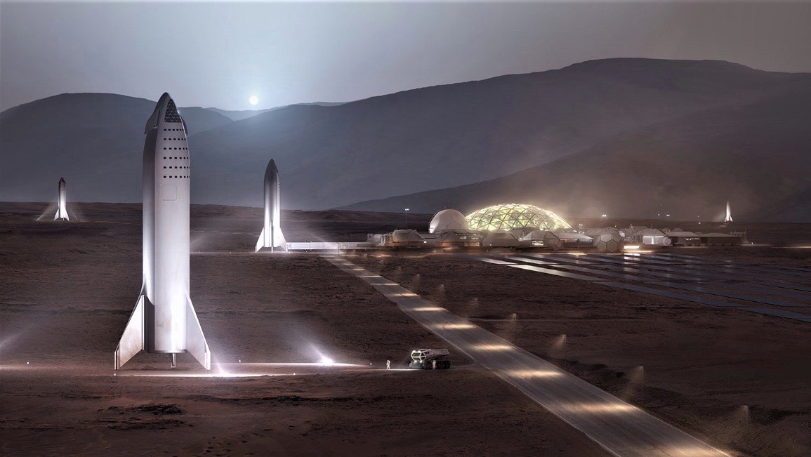 An artist's illustration showing SpaceX BFR spaceships standing at the Red Planet outpost Mars Base Alpha.