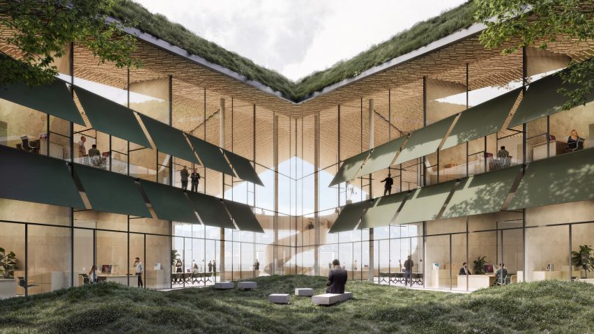 Render of a building with a glazed courtyard by Peter Pichler Architecture