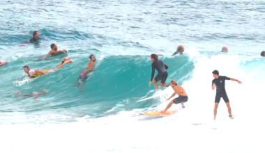 Snapper Rocks surfers navigating a crowded lineup