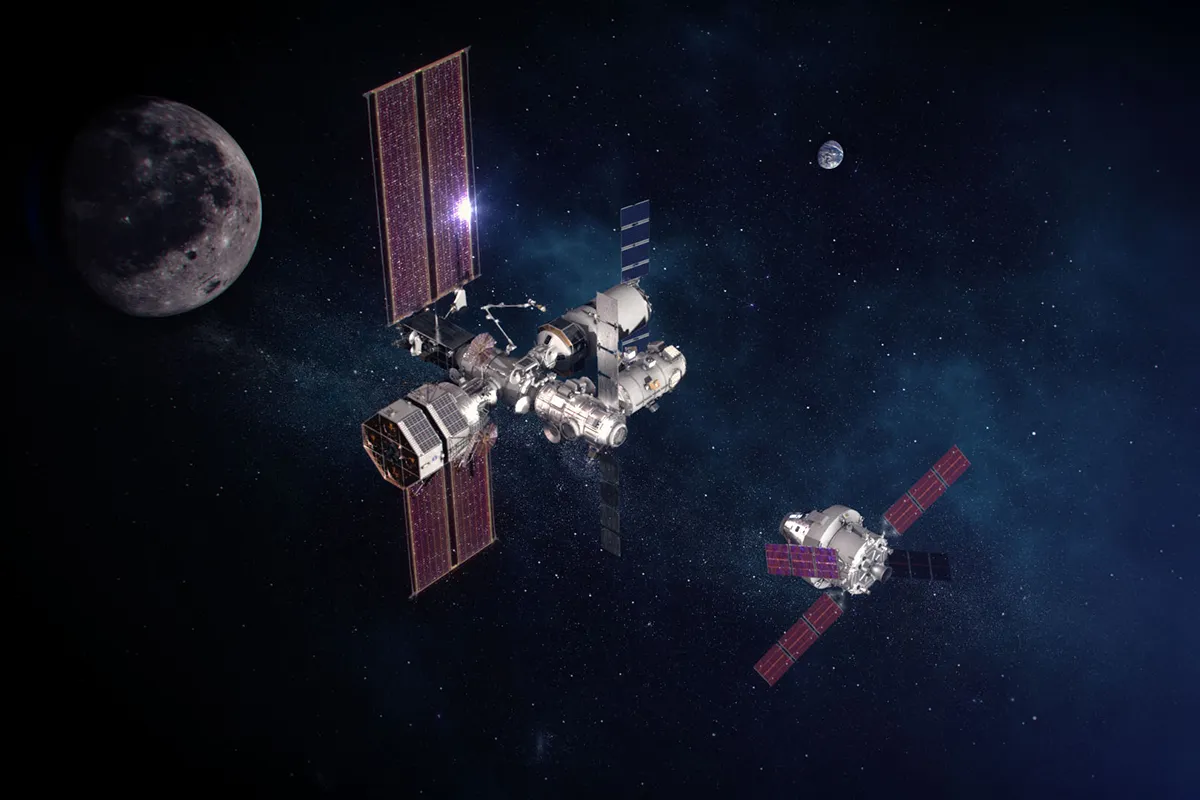 Artist's impression showing NASA's Lunar Gateway and the Orion spacecraft at the Moon as part of the Artemis programme