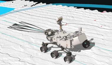 A simulation graphic of the NASA Perseverance rover plotting its course on Mars