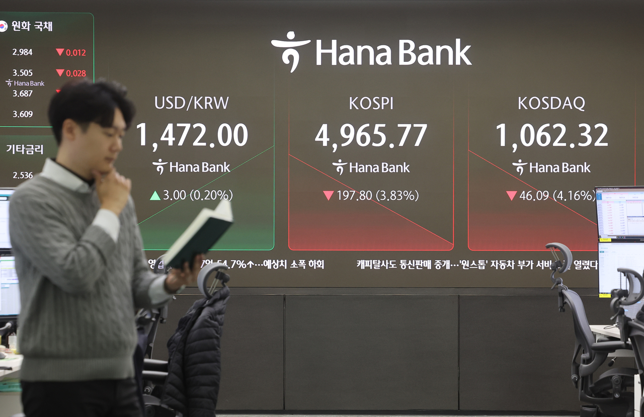 An electronic board showing the Korea Composite Stock Price Index at a dealing room of the Hana Bank headquarters in Seoul on Friday. (Yonhap)