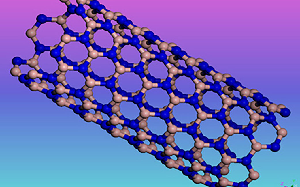 a rainbow background with a ball-and-stick diagram of a rolled sheet of boron nitride.