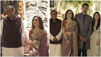 Nita Ambani and Mukesh Ambani with Arjun Tendulkar and Saaniya.