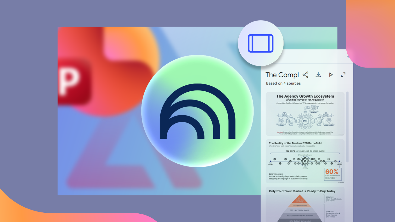 NotebookLM logo next to a digital slide deck interface showing presentations, with the PowerPoint logo blurred in the background.