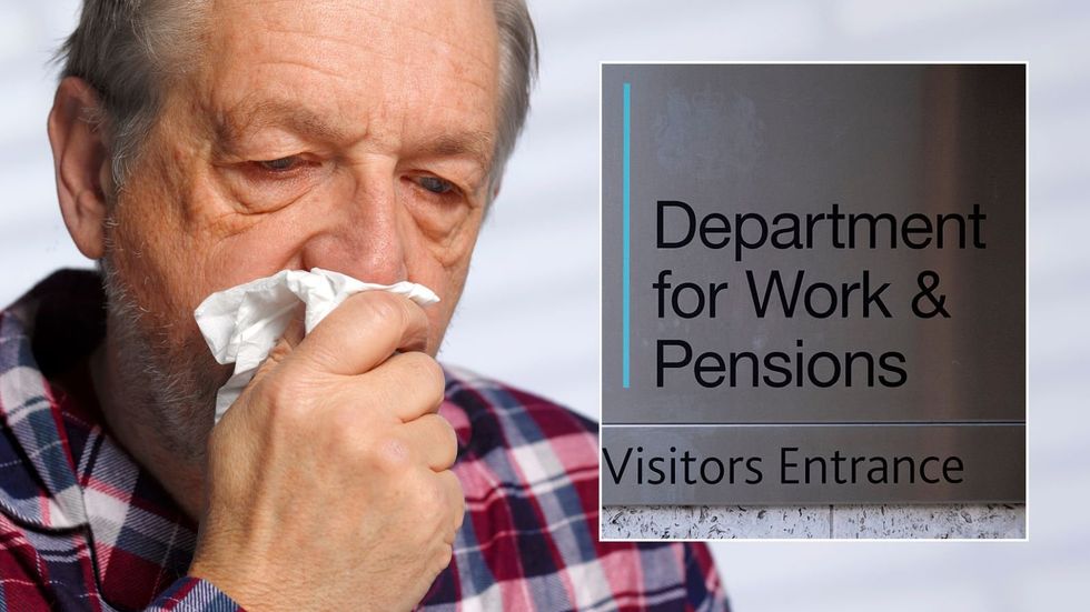 Older man looking sick and DWP sign