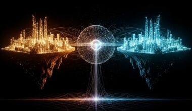 Two opposing strategic energy landscapes facing each other, neural network core between them calculating optimal equilibrium point