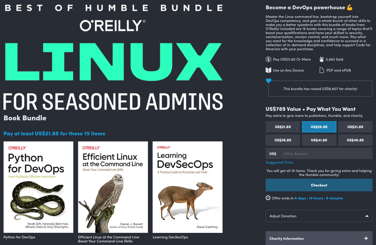 a cropped screenshot of the o'reilly linux for seasoned admins bundle on humble bundle's website, a lot of text and three books from the bundle are shown here