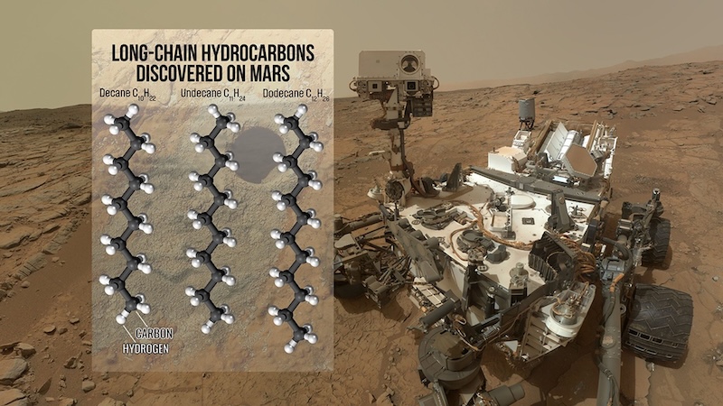 Mars rover on reddish rocky terrain and a box to the left showing carbon atoms in zig-zag patterns.