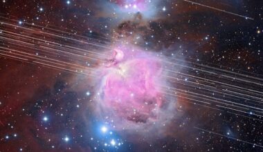 This long-exposure image of the Orion Nebula lasted 208 minutes. In that time, multiple satellite trails streaked across the night sky. Credit: A. H. Abolfath/NOIRLab/NSF/AURA