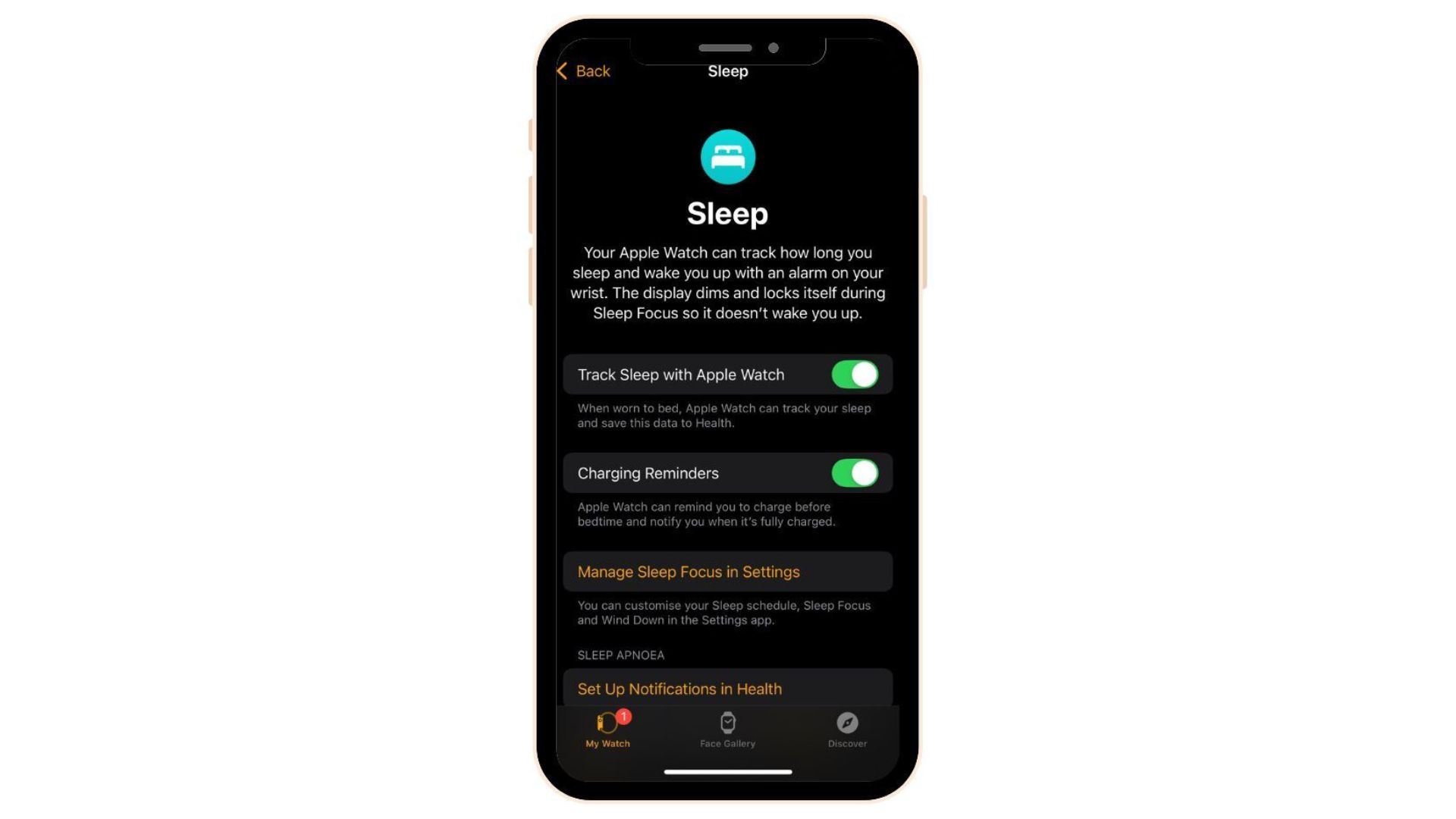 A close-up look at the Apple Watch's sleep-tracking controls on the screen of an iPhone.