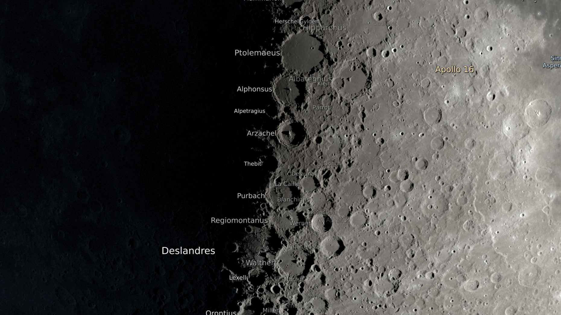 A NASA graphic showing a part of the moon's surface around its first quarter phase when its right half is lit by the sun and its left is in shadow. Large craters can be seen lining the night-day divide, which are labelled by name.