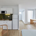 Parking Lot into Social Housing Residence / NZI Architectes - Interior Photography, Kitchen, Wood, Chair, Balcony
