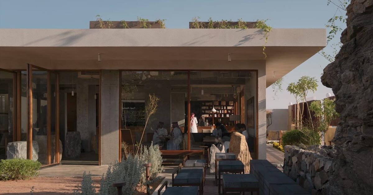 open courtyard organizes café carved into rock in saudi arabia