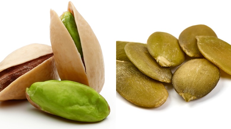 Pumpkin seeds and pistachios side-by-side