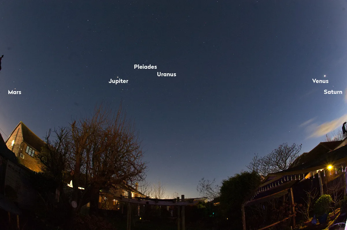 Mars, Jupiter, Uranus, Venus and Saturn all in one frame. The January 2025 planetary alignment captured by Rob Abbott, Essex UK, 23 January 2025, 17:48 UTC