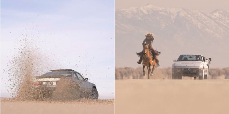Split image: Left shows a car kicking up a huge spray of dirt while speeding off-road. Right shows a person on horseback and a pickup truck driving on a dusty plain with mountains in the background.