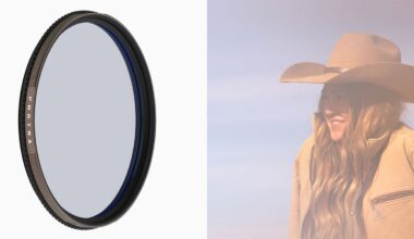A circular camera lens filter is shown on the left, and on the right, a woman in a cowboy hat and jacket is seen through a soft, hazy filter effect.