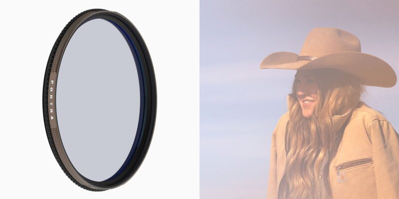 A circular camera lens filter is shown on the left, and on the right, a woman in a cowboy hat and jacket is seen through a soft, hazy filter effect.