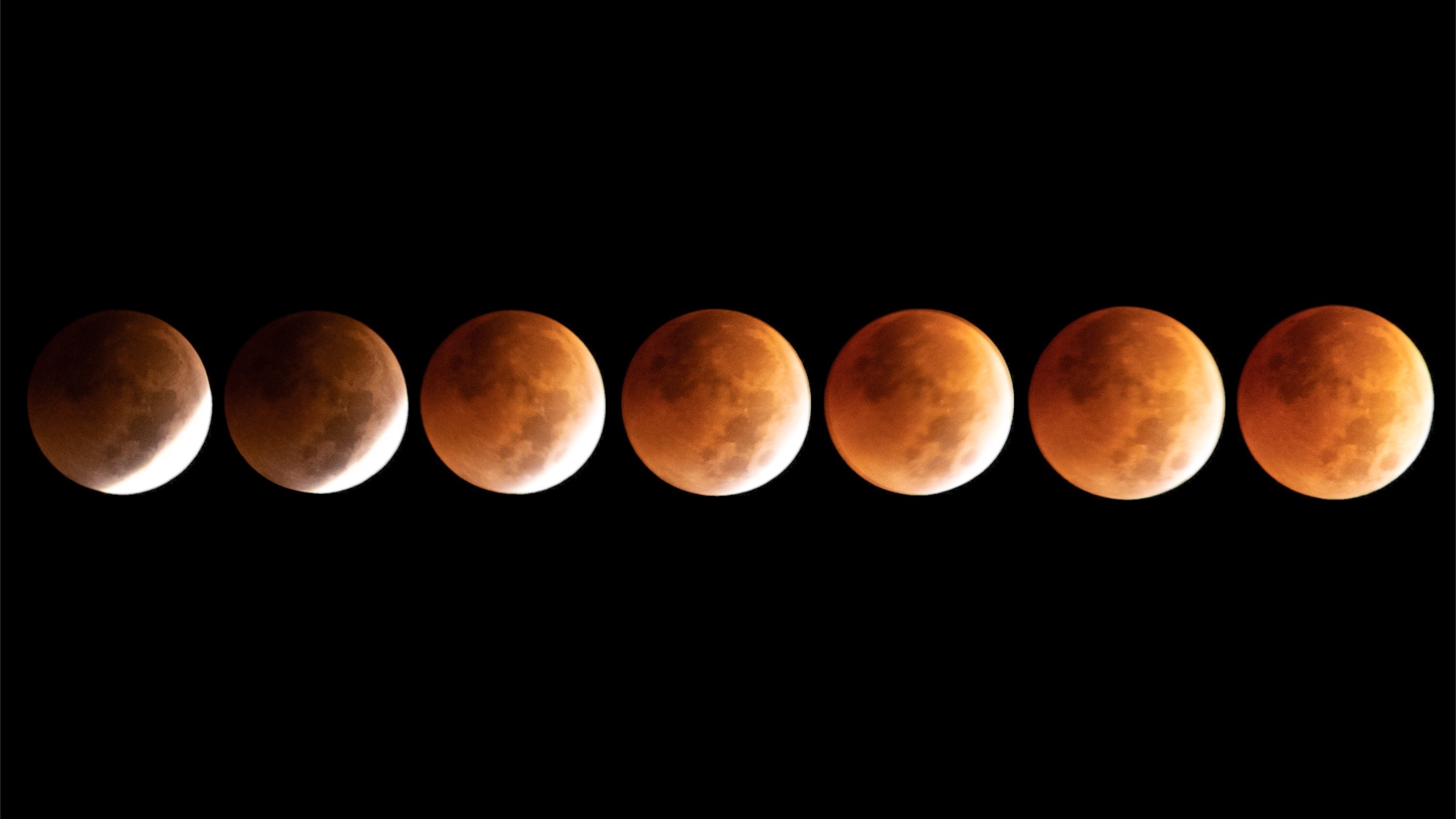 a sequence of total lunar eclipse images showing the moon get progressively more red as it moves through to the blood moon phase.