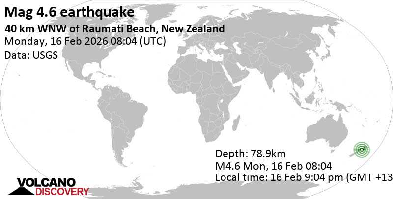 4.6 quake Tasman Sea, 64 km north of Wellington, Wellington, New Zealand, Feb 16, 2026 08:04 pm (GMT +12)