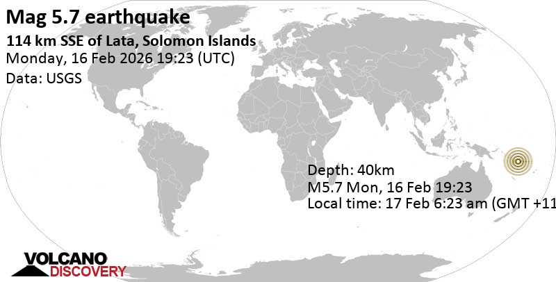 5.7 quake Coral Sea, 40 km southwest of Utupua Island, Solomon Islands, Feb 17, 2026 06:23 am (GMT +11)