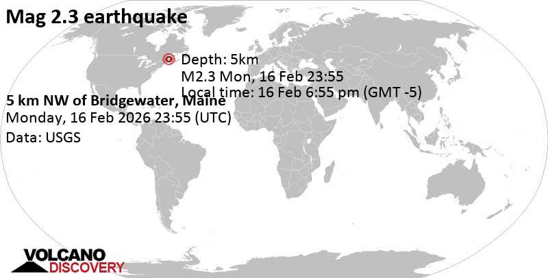 2.3 quake 16 mi south of Presque Isle, Aroostook County, Maine, United States, Feb 16, 2026 06:55 pm (GMT -5)