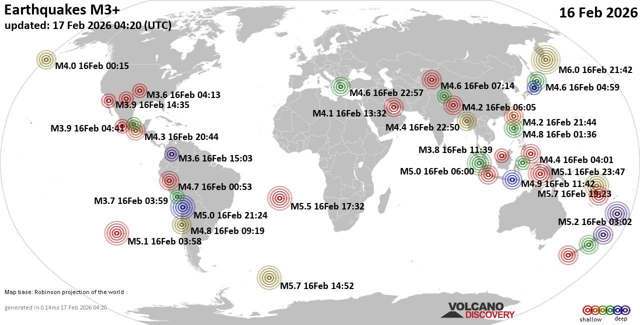 Worldwide earthquakes above magnitude 3 during the past 24 hours on 17 Feb 2026