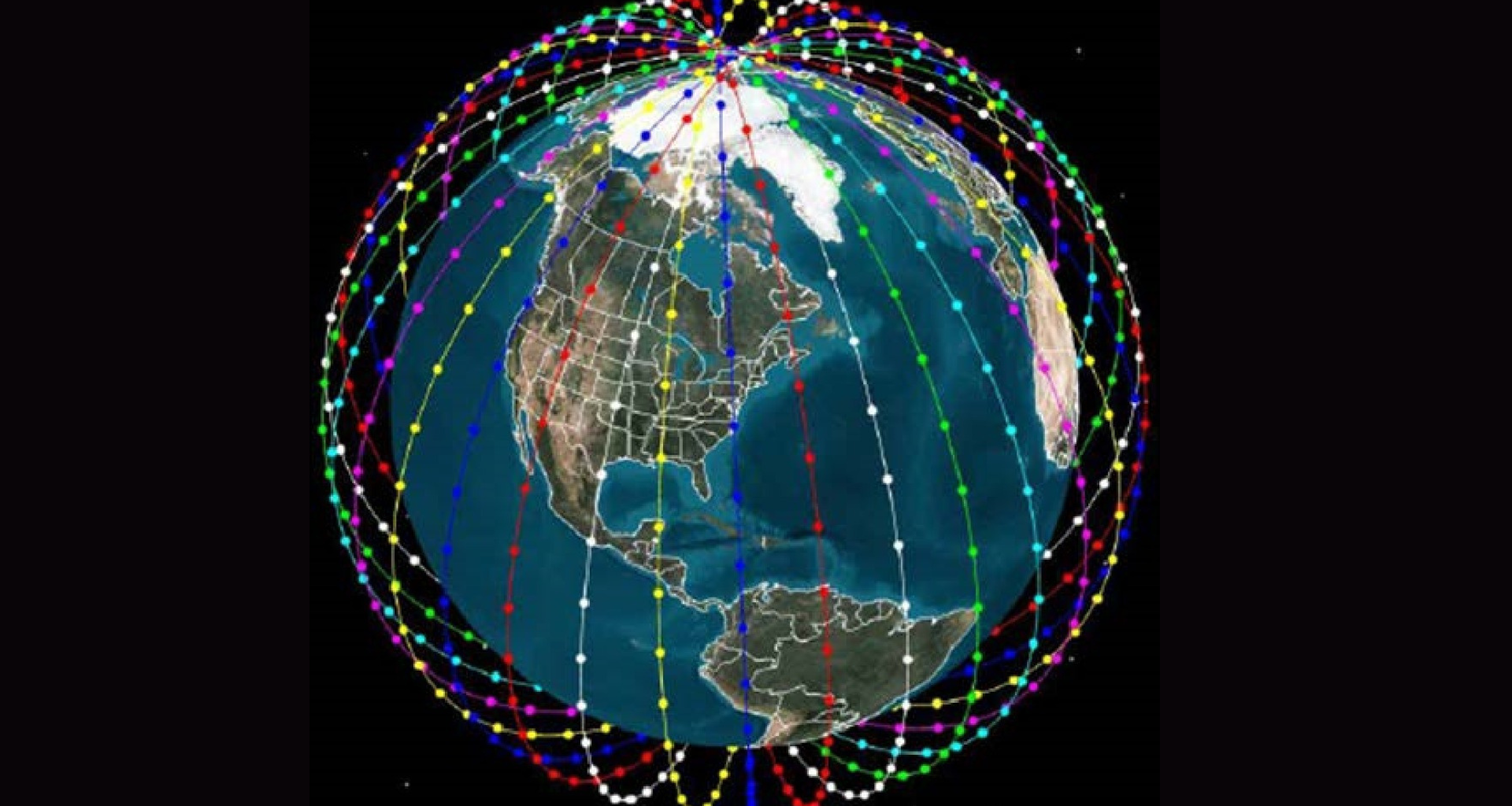 An illustration of a globe surrounded by various lines with dots of different colors engulfing the sphere against a black background