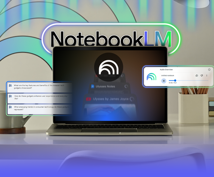 The NotebookLM interface on a MacBook, with floating elements showing notes, summaries, and audio overview features, set in a modern workspace.