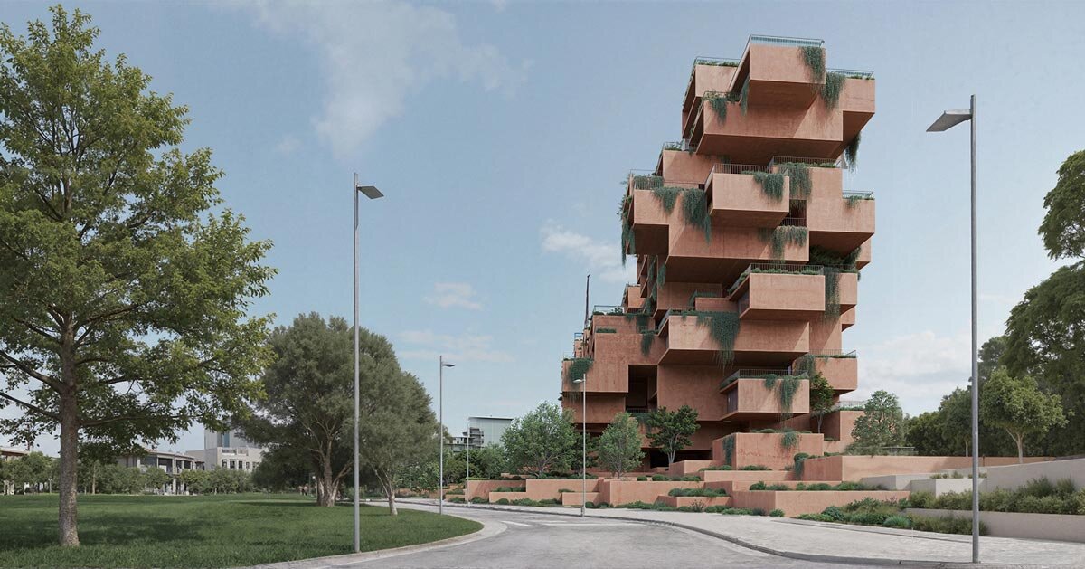 stacked earthen red volumes shape rhythmic residential tower in athens