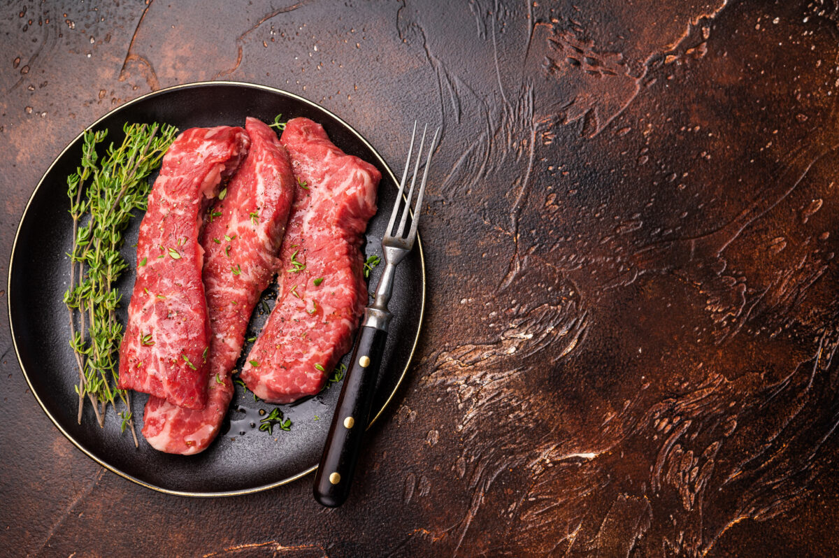 Photo shows raw steak and some herbs on a plate with a fork