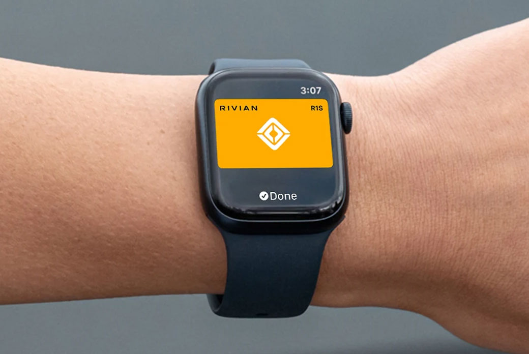 A digital key for a Rivian EV displayed on an Apple Watch.
