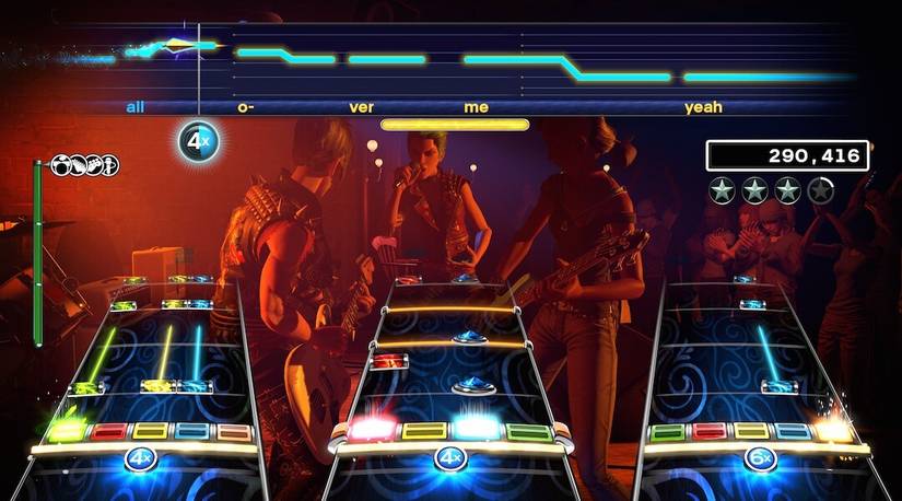 A screenshot of a full band playing in Rock Band 4
