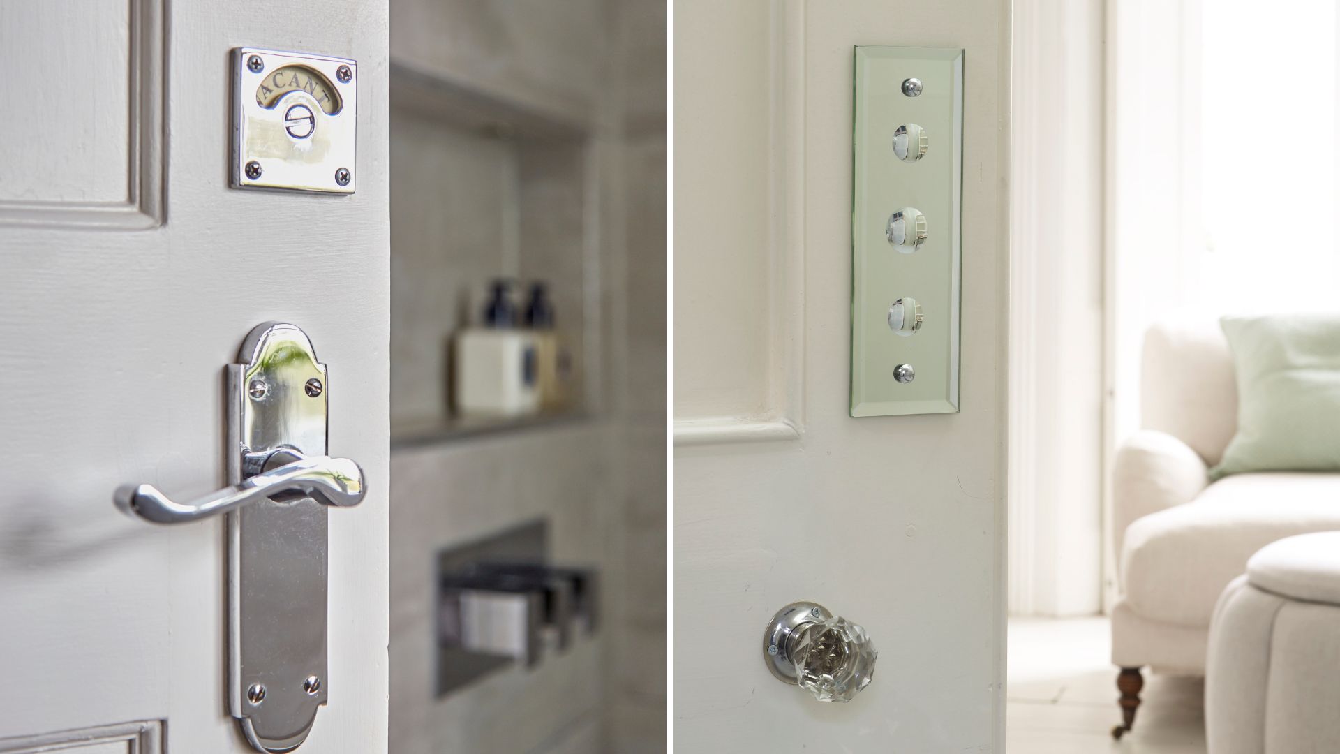 Internal doors with a chrome door handle on one and a crystal door knob on the other to show how to make a home look more expensive