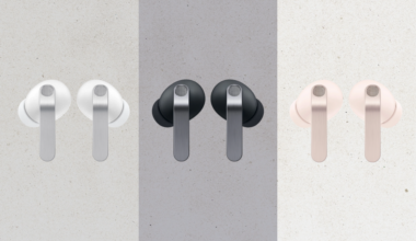 Samsung Galaxy earbuds on gray background