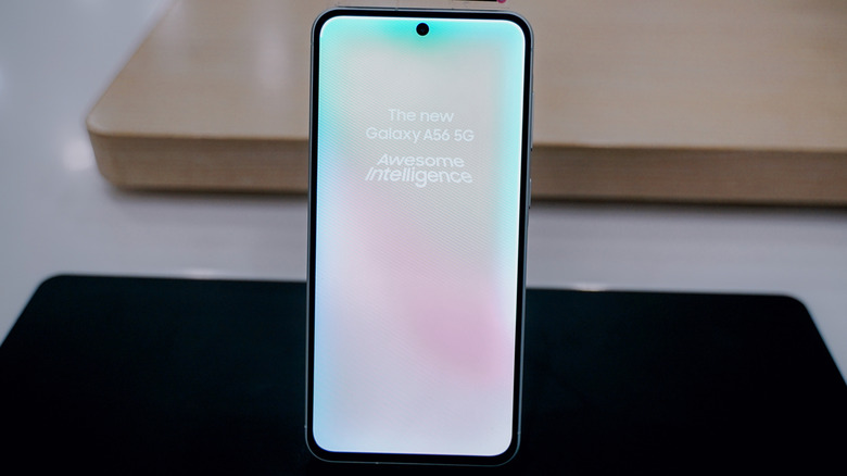 The Samsung Galaxy A56, held on a table.