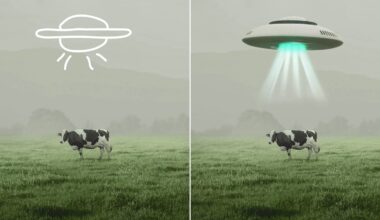Side-by-side images: Left, a cow in a field under a cartoon UFO with hand-drawn sun rays. Right, the same cow beneath a realistic UFO beaming down light, as if about to be abducted.