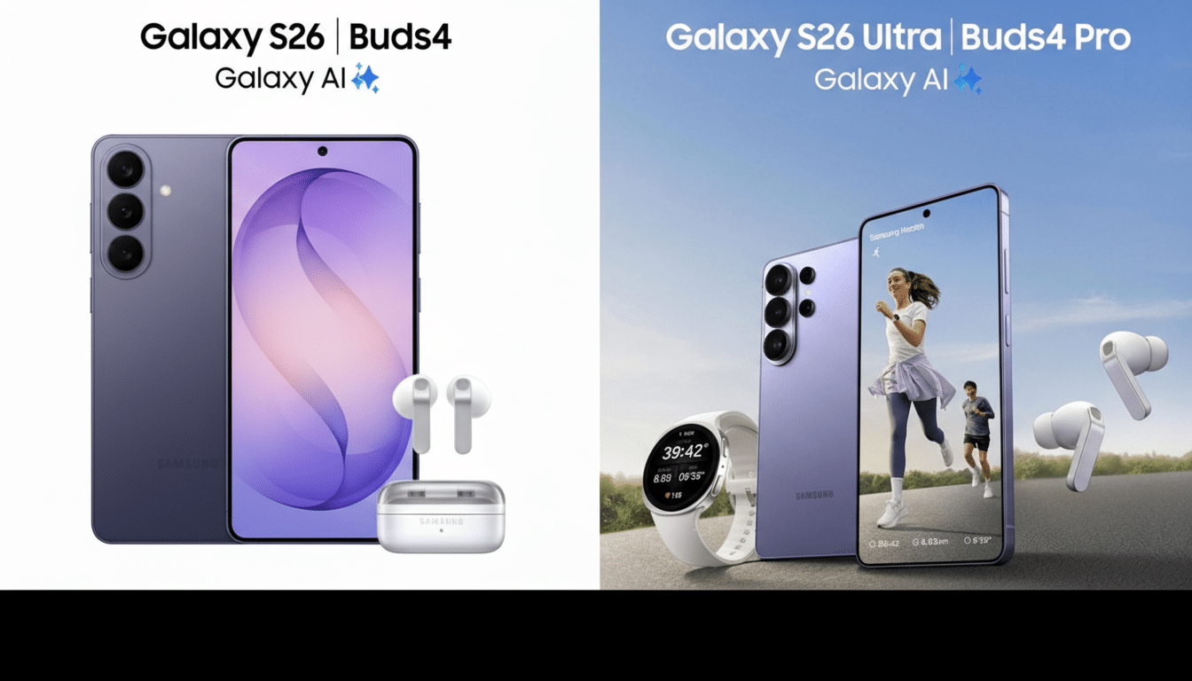 A split image showcasing Samsung Galaxy products. On the left, a purple Galaxy S26 phone and white Buds4 are displayed against a white background. On the right, a purple Galaxy S26 Ultra phone, white Buds4 Pro, and a white smartwatch are shown with a woman running on the phone screen and a man running in the background, all set against an outdoor scene.