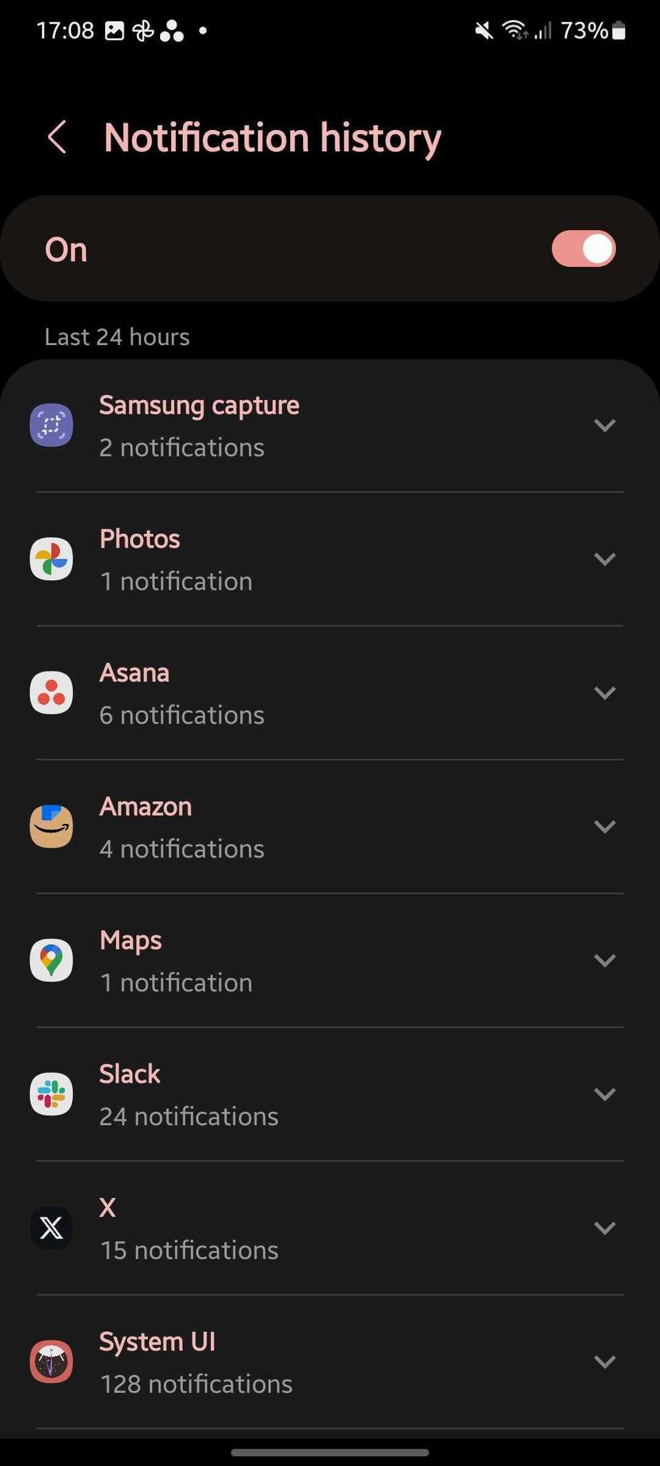 Screenshot showing notification history in one ui