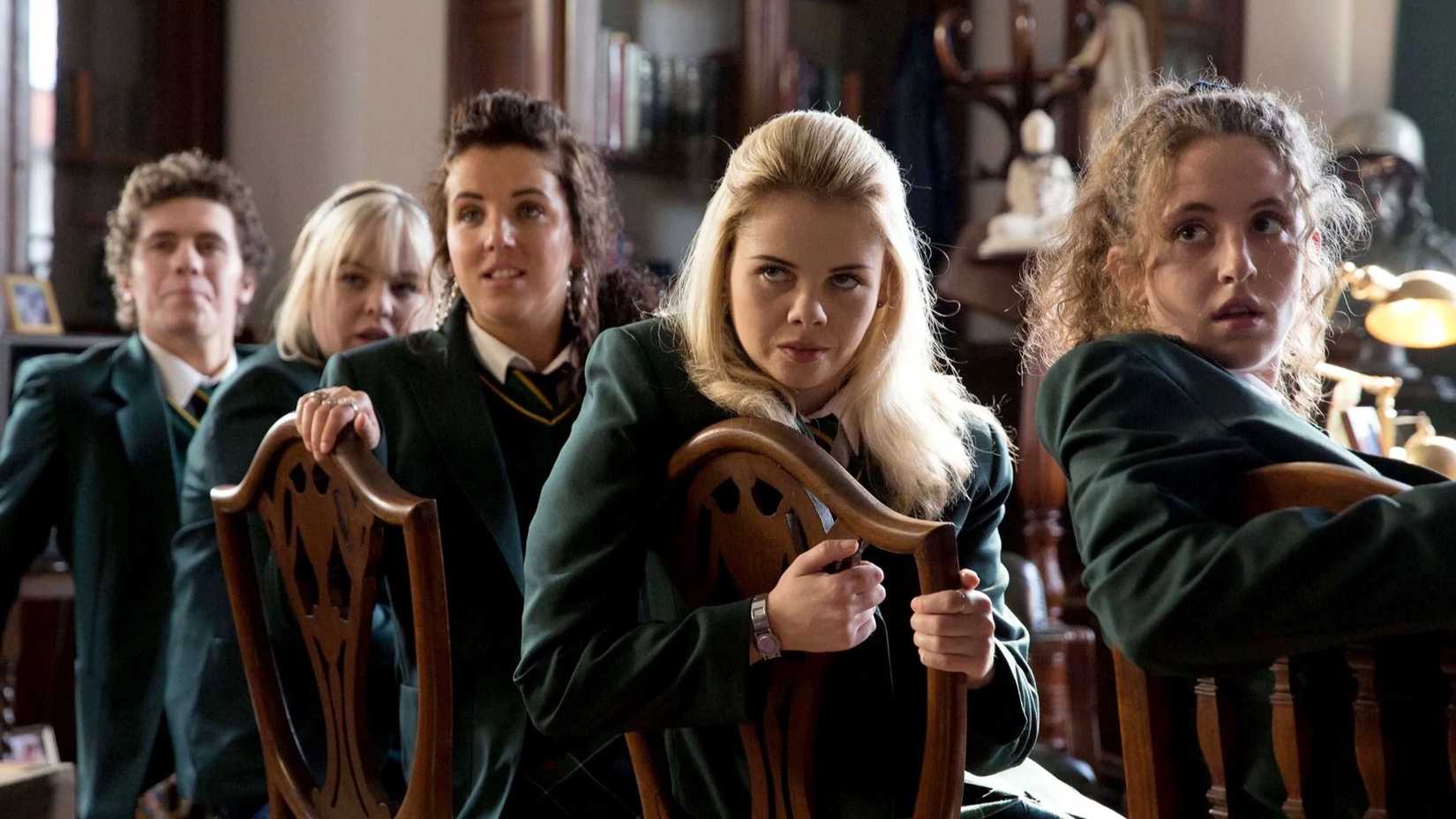 James, Erin, Michelle, Claire, and Orla in the sitcom Derry Girls.