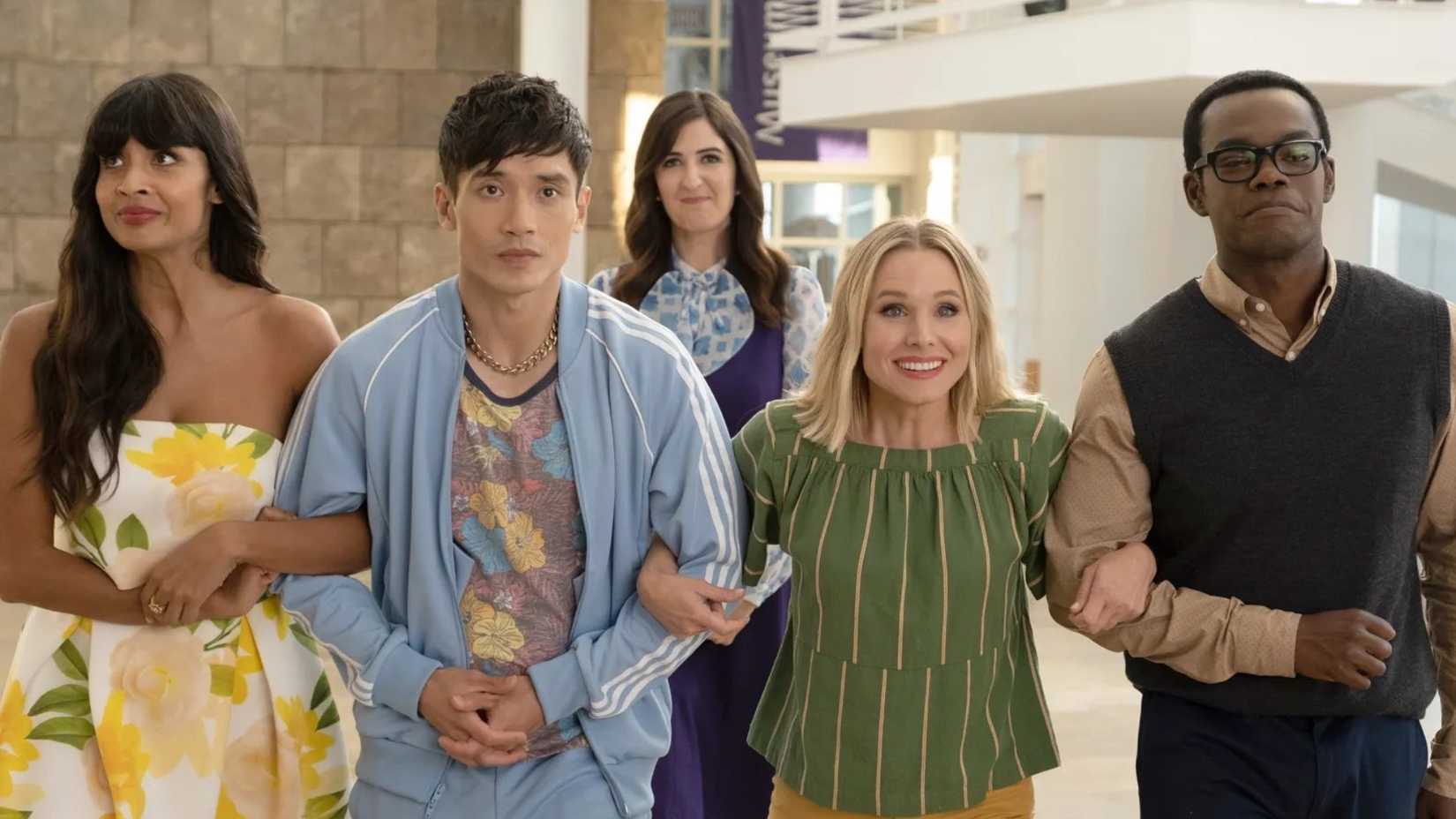 Tahani, Jason, Janet, Eleanor, and Chidi in the sitcom The Good Place.