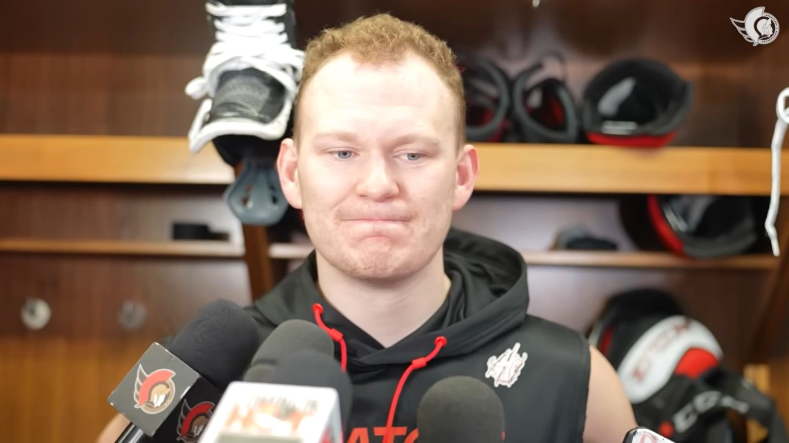 Brady Tkachuk says a video of him mocking Canadians is 'clearly fake'. Pic: Ottawa Senators/YouTube