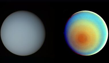 Two side by side images of the planet Uranus. The one on the left is a pale blue sphere while the one on the right has concentric circles of orange, yellow and green and dark blue to show the various layers of its atmosphere. Both are against a black background