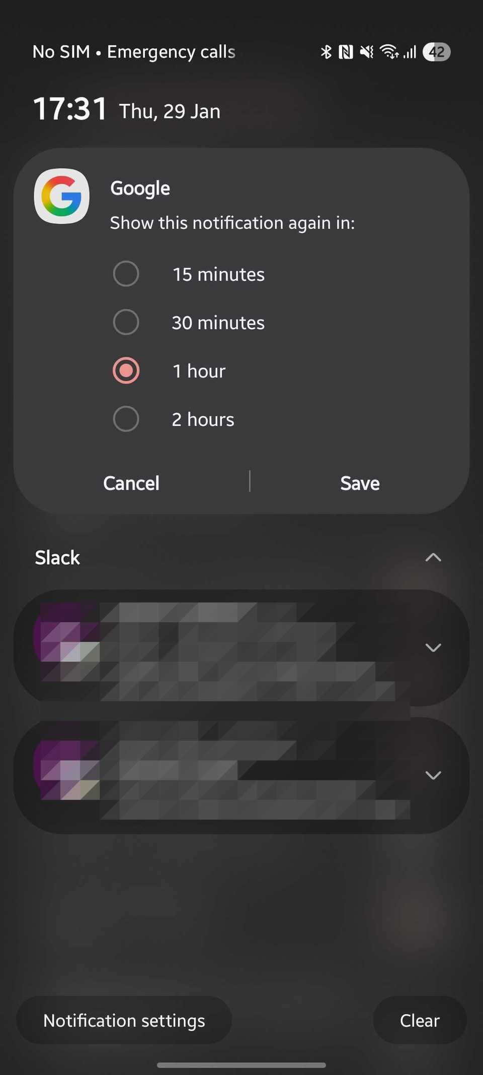 Screenshot showing the Snooze notification feature in One UI