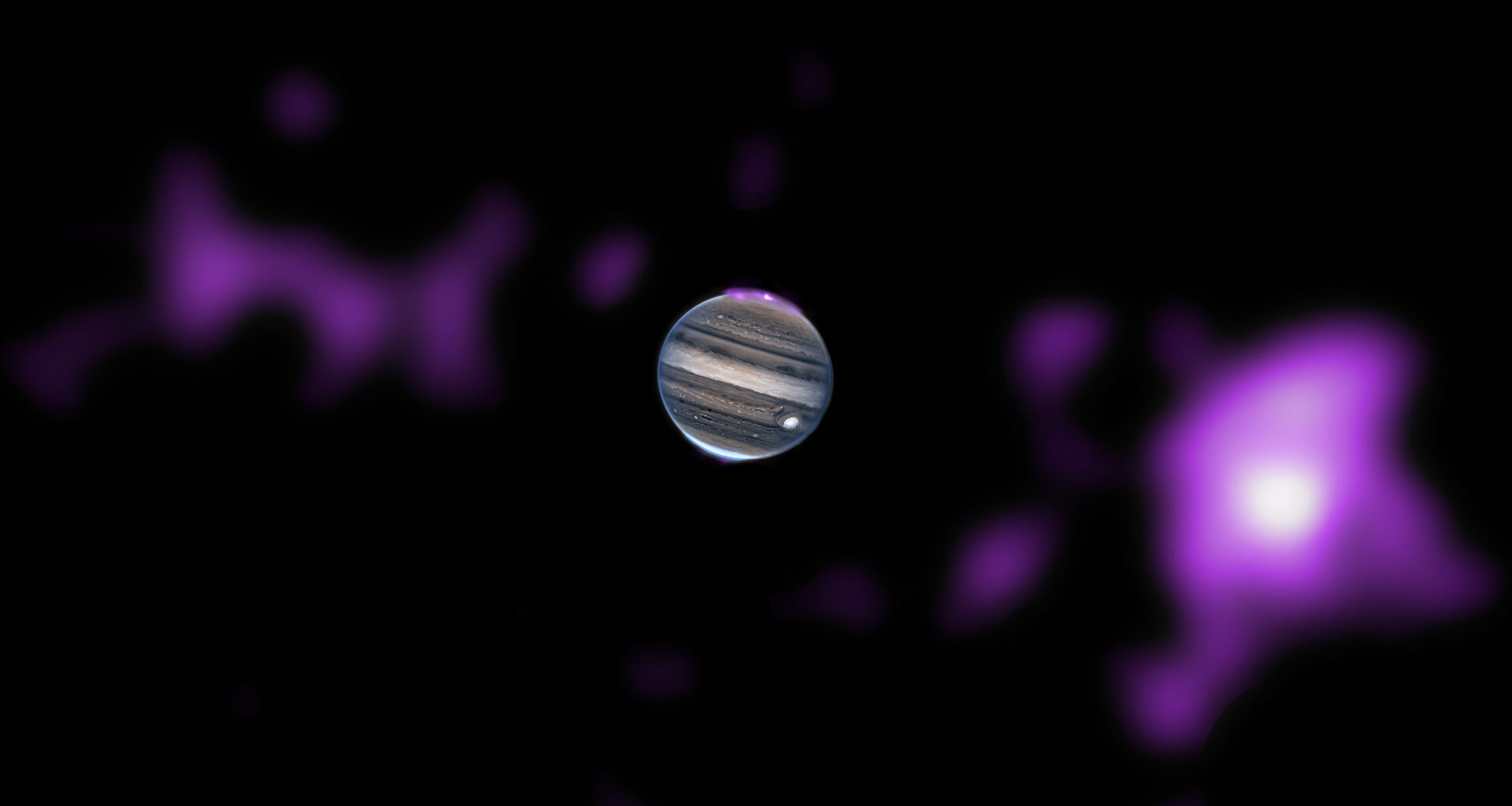 Three new Chandra sonifications of data of Jupiter, Saturn, and Uranus have been released. Planets and other Solar System bodies can reflect X-rays given off by the Sun, which Chandra can detect. Sonification is a process that translates data captured by Chandra and other telescopes into sound. In addition to X-rays from Chandra, these new sonifications contain data from Hubble, Cassini, and Keck telescopes. In this image, the amount of diffuse X-rays from a donut-shaped ring of energetic particles around Jupiter, seen on the left and right side of the planet, has been enhanced compared to the amount of X-rays from the planet's auroras, seen at the poles. As the scan moves left to right, it encounters X-rays that bracket the planet on either side, and this plays as woodwind sounds. As we pass over the planet itself, seen in an infrared image from NASA’s Hubble Space Telescope, the sounds become fuller as the infrared data is represented by other instruments. Since Jupiter is tilted slightly, the pitch descends as the scan passes over the bright band near the equator and through the Great Red Spot. On the other side, more X-ray data from Chandra flanks the planet and can be heard as gusty wind sounds at the end.